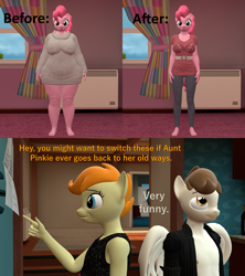 Size: 1920x2160 | Tagged: safe, artist:papadragon69, pinkie pie, pound cake, pumpkin cake, anthro, 3d, before and after, chubbie pie, comic, fat, pudgy pie, source filmmaker, weight loss