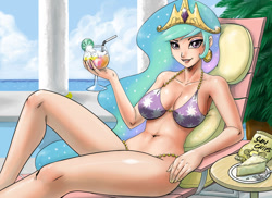 Size: 1000x727 | Tagged: safe, artist:johnjoseco, princess celestia, human, art pack:my little sweetheart, armpits, beautiful, belly button, bikini, breasts, cake, clothes, curvy, deck chair, female, food, humanized, jeweled swimsuit, legs, my little sweetheart, praise the sun, princess, princess breastia, purple swimsuit, sexy, sitting, solo, stupid sexy celestia, swimsuit