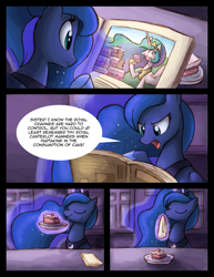 Size: 1275x1650 | Tagged: safe, artist:ric-m, princess celestia, princess luna, alicorn, pony, cake, cakelestia, comic, eating, female, food, mare, napkin, princess, solo