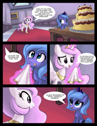 Size: 1275x1650 | Tagged: safe, artist:ric-m, princess celestia, princess luna, alicorn, pony, cake, comic, duo, duo female, eating, female, filly, foal, food, napkin, sisters, woona