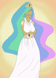 Size: 1449x2008 | Tagged: safe, artist:ac-drawings, artist:mousathe14, princess celestia, human, askthemanesix, color, gradient background, hair over one eye, humanized, moderate dark skin, princess, solo, tanlestia