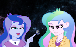 Size: 1500x938 | Tagged: safe, princess celestia, princess luna, principal celestia, vice principal luna, equestria girls, clothes, duo, earth, goddess, macro, open mouth, raised eyebrow, space, touch