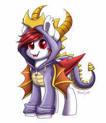 Size: 1661x1916 | Tagged: safe, artist:confetticakez, oc, oc only, bat pony, pony, clothes, commission, crossover, cute, ear fluff, fangs, hoodie, male, ocbetes, red eyes, signature, simple background, smiling, solo, spyro the dragon, white background