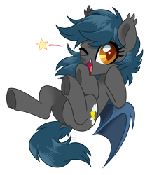 Size: 2792x3224 | Tagged: safe, artist:hawthornss, oc, oc only, oc:speck, bat pony, pony, cute, cute little fangs, dock, ear fluff, fangs, looking at you, one eye closed, simple background, smiling, solo, transparent background, underhoof, wink