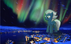 Size: 2000x1242 | Tagged: safe, artist:alicornoverlord, artist:flutterbatismagic, night glider, pony, aurora borealis, giant pony, hammerfest, highrise ponies, irl, lights, macro, night, norway, photo, ponies in real life, snow