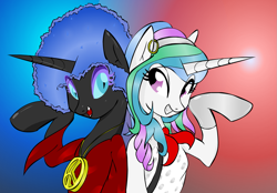 Size: 1275x886 | Tagged: safe, artist:zev, nightmare moon, princess celestia, alicorn, pony, 70s, afro, alternate hairstyle, clothes, costume, duo, duo female, earring, female, gloves, gradient background, mare, peace sign, piercing, princess