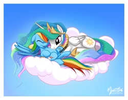 Size: 1052x825 | Tagged: safe, artist:mysticalpha, princess celestia, rainbow dash, alicorn, pegasus, pony, cloud, cute, cutelestia, dashabetes, drool, duo, duo female, eyes closed, female, floppy ears, laughing, mare, momlestia, on back, open mouth, prone, raspberry, smiling, spread wings, tickling, tummy buzz