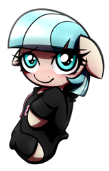 Size: 1032x1624 | Tagged: safe, artist:jetwave, coco pommel, earth pony, pony, blushing, clothes, female, floppy ears, hoodie, looking at you, mare, simple background, solo, white background