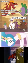 Size: 436x960 | Tagged: safe, edit, edited screencap, screencap, garble, princess celestia, spike, alicorn, dragon, pony, dragon quest, caption, female, hub logo, male, mare, optilestia, optimus prime, punch, transformers