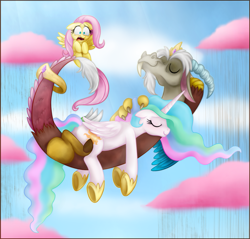 Size: 1075x1027 | Tagged: safe, artist:mickeymonster, artist:mn27, discord, fluttershy, princess celestia, alicorn, draconequus, pegasus, pony, cloud, cotton candy, cotton candy cloud, crown, cute, discute, dislestia, eyes closed, female, flying, food, jewelry, male, mare, on top, rain, regalia, shipping, shocked, smiling, straight, sunbutt, underhoof, wide eyes