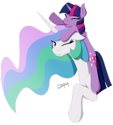 Size: 2000x2200 | Tagged: safe, artist:jykinturah, princess celestia, twilight sparkle, alicorn, pony, unicorn, duo, duo female, female, filly, floppy ears, high res, mare, ponies riding ponies, pony hat, simple background, transparent background