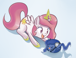 Size: 611x473 | Tagged: safe, artist:sallymon, princess celestia, princess luna, alicorn, pony, chubbie, duo, female, filly, gamer luna, headset, prone