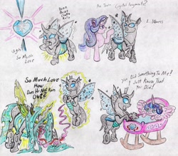 Size: 2787x2446 | Tagged: safe, artist:grimmyweirdy, princess flurry heart, queen chrysalis, starlight glimmer, thorax, alicorn, changedling, changeling, changeling queen, unicorn, to where and back again, belly, big belly, changeling feeding, changeling overfeeding, crib, crystal heart, fat, female, implied transformation, inflation, long tongue, queen chrysalard, sparkly wings, tongue out, traditional art