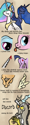 Size: 600x2500 | Tagged: safe, artist:arrkhal, discord, princess celestia, princess luna, alicorn, pony, bible, female, mare, scrunchy face, tongue out