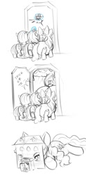 Size: 581x1172 | Tagged: safe, artist:alloyrabbit, apple bloom, diamond tiara, scootaloo, sweetie belle, pony, comic, cutie mark crusaders, dialogue, giant pony, house, imminent vore, it's a trap, macro, monochrome, sketch, this will end in tears and/or death, trick or treat