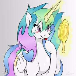 Size: 2500x2500 | Tagged: safe, artist:zev, princess celestia, alicorn, pony, :p, bedroom eyes, blushing, cute, cutelestia, eye clipping through hair, female, gradient background, high res, magic, mare, messy mane, mirror, missing accessory, pretty, raised hoof, smiling, solo, telekinesis, tongue out