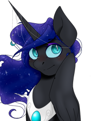 Size: 830x1080 | Tagged: safe, artist:flurryheart-thoughts, nightmare moon, alicorn, pony, blushing, jewelry, regalia, simple background, solo, transparent background