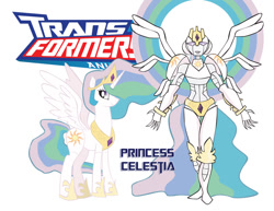 Size: 900x695 | Tagged: safe, artist:inspectornills, princess celestia, alicorn, pony, robot, crossover, female, simple background, transformares, transformers, transformers animated, white background