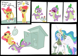 Size: 1250x900 | Tagged: safe, artist:fxcellent, apple bloom, princess celestia, spike, alicorn, dragon, earth pony, pony, comic, cooking, cupcake, eating, female, filly, frown, male, mare, outhouse, toilet paper, vomit