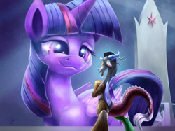 Size: 1500x1121 | Tagged: safe, artist:tsitra360, discord, twilight sparkle, twilight sparkle (alicorn), alicorn, draconequus, pony, what about discord?, female, male, mare, micro, pleading, scene interpretation, shrunk, size difference, smiling