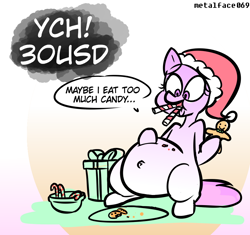Size: 860x810 | Tagged: safe, artist:metalface069, oc, earth pony, pony, belly button, candy, candy cane, christmas, commission, fat, food, holiday, this will end in colic, your character here