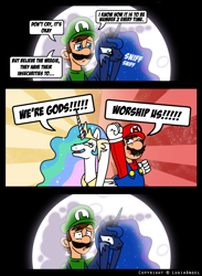 Size: 1024x1401 | Tagged: safe, artist:lugiaangel, princess celestia, princess luna, alicorn, human, pony, comic, crossover, female, luigi, mare, mario, moon, super mario bros.