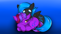 Size: 3840x2160 | Tagged: safe, artist:4clop, oc, oc only, oc:blackout, oc:violet rose ze vampony, alicorn, bat pony, bat pony alicorn, pegasus, pony, cuddling, prone, snuggling