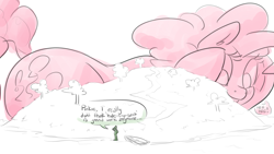 Size: 1895x1072 | Tagged: safe, artist:nobody, pinkie pie, oc, oc:anon, human, pony, blushing, boat, butt, cute, dock, flank, giant pony, giantess, giggling, grin, hide and seek, hiding, island, macro, prone, rowboat, scenery, size difference, sketch, smiling, tree, water
