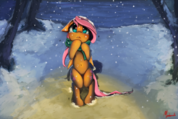 Size: 1800x1200 | Tagged: safe, artist:miokomata, fluttershy, pegasus, pony, bipedal, clothes, crying, looking at you, scarf, signature, snow, snowfall, solo, tree