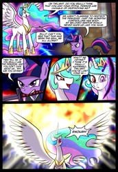 Size: 895x1300 | Tagged: safe, artist:madmax, princess celestia, twilight sparkle, alicorn, pony, unicorn, alternate universe, battle for equestria, bleach (manga), comic, confrontation, crossover, crying, duo, duo female, female, kurosaki ichigo, mare, mouth hold, possession, possesstia, princess, sword, weapon