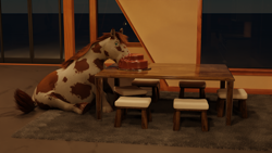 Size: 3840x2160 | Tagged: safe, artist:kiedough, oc, oc:kie dough, horse, barely pony related, blender cycles, cake, chair, eating, fail, fat, food, table