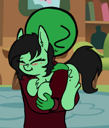 Size: 504x590 | Tagged: safe, artist:duop-qoub, edit, oc, oc only, oc:anon, oc:anon filly, earth pony, human, pony, adoranon, blushing, bookshelf, chest fluff, cute, female, filly, holding a pony, hug