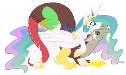 Size: 1000x597 | Tagged: safe, artist:bux, discord, princess celestia, alicorn, pony, dislestia, female, male, mare, neck nuzzle, nuzzling, shipping, simple background, straight, surprised, transparent background