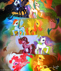 Size: 887x1028 | Tagged: safe, artist:hinoraito, applejack, fluttershy, nightmare moon, pinkie pie, princess celestia, princess luna, rainbow dash, rarity, twilight sparkle, alicorn, earth pony, pegasus, pony, unicorn, collage, female, mane six, mare