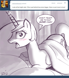 Size: 650x731 | Tagged: safe, artist:johnjoseco, princess celestia, alicorn, pony, ask, ask princess molestia, bandage, blanket, blushing, cakelestia, comic, female, mare, monochrome, princess molestia, prone, solo, tumblr