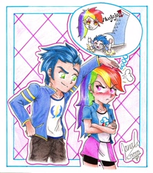 Size: 1694x1918 | Tagged: safe, artist:janadashie, rainbow dash, soarin', equestria girls, blushing, clothes, crushing, crying, female, humanized, male, micro, shipping, skirt, soarindash, straight, traditional art