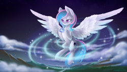 Size: 4961x2792 | Tagged: safe, artist:arctic-fox, oc, oc only, oc:starburn, pegasus, pony, absurd resolution, colored pupils, ear fluff, female, flying, jewelry, macro, magic, mare, necklace, night, night sky, patreon, patreon logo, solo, spread wings, stars, wing fluff