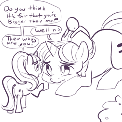 Size: 1000x1000 | Tagged: safe, artist:mt, starlight glimmer, sugar belle, oc, oc:anon, human, pony, :t, dialogue, equalized, eye contact, giant pony, humans riding ponies, macro, monochrome, open mouth, prone, sad, size difference, sketch, smiling, this will end in equalization