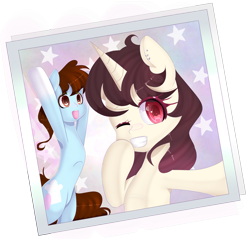 Size: 1974x1887 | Tagged: safe, artist:clefficia, oc, oc only, earth pony, pony, unicorn, armpits, female, mare, one eye closed, photo, wink