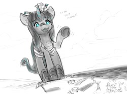 Size: 1076x797 | Tagged: safe, artist:alloyrabbit, oc, oc only, oc:orchid, pony, beach, beach towel, giant pony, giantess, glowing eyes, grayscale, macro, monochrome, ocean, open mouth, people, running, sand, solo, text, umbrella, waving