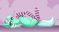 Size: 1920x1056 | Tagged: safe, artist:hardbrony, lyra heartstrings, clothes, heart, legs in air, looking at you, on back, socks, solo, striped socks