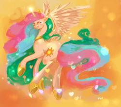 Size: 1900x1688 | Tagged: safe, artist:enigmatia, princess celestia, alicorn, pony, abstract background, female, grin, lidded eyes, looking back, mare, rear view, smiling, solo