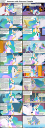 Size: 1282x3661 | Tagged: safe, edit, edited screencap, screencap, fluttershy, princess celestia, princess luna, twilight sparkle, alicorn, pegasus, pony, unicorn, comic:celestia's servant interview, caption, comic, female, interview, male, mare, princess, royal guard, s1 luna, stallion