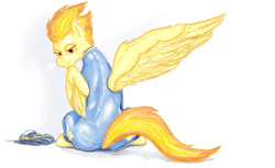 Size: 1247x761 | Tagged: safe, artist:testostepone, spitfire, clothes, colored sketch, simple background, solo, stupid sexy spitfire, white background, wings, wonderbolts uniform