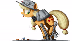 Size: 2500x1429 | Tagged: safe, artist:ncmares, applejack, rainbow dash, earth pony, pegasus, pony, armor, at-at, bondage, clothes, costume, crossover, cute, dashabetes, eyes closed, frown, giant pony, gritted teeth, halloween, halloween costume, helmet, hogtied, holiday, jackabetes, looking back, macro, mouth hold, ncmares is trying to murder us, nightmare night, nose wrinkle, open mouth, pumpkin, raised leg, simple background, size difference, smiling, snowspeeder, star wars, tied up, white background, wide eyes