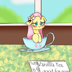 Size: 1000x1000 | Tagged: safe, artist:freakdreams, fluttershy, pegasus, pony, cup, cup of pony, food, heart eyes, micro, solo, tea, tiny, wingding eyes
