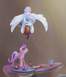 Size: 900x1049 | Tagged: source needed, safe, artist:viwrastupr, amethyst star, sparkler, oc, oc:starburn, oc:tinisparkler, pegasus, pony, unicorn, carrot, cherry, cropped, food, fruit, grapes, micro