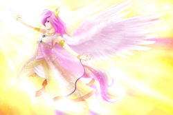 Size: 1500x1000 | Tagged: safe, artist:hylianguardians, princess celestia, human, backlighting, female, humanized, solo, winged humanization, wings