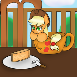 Size: 1000x1000 | Tagged: safe, artist:freakdreams, applejack, earth pony, pony, appletini, cup of pony, cute, drool, eyes on the prize, food, heart eyes, jackabetes, micro, solo, tea, wingding eyes