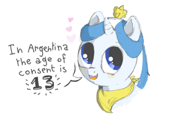 Size: 810x540 | Tagged: safe, artist:mente, oc, oc only, oc:princess argenta, argentina, dialogue, female, filly, heart, nation ponies, ponified, simple background, solo, telling lies, white background